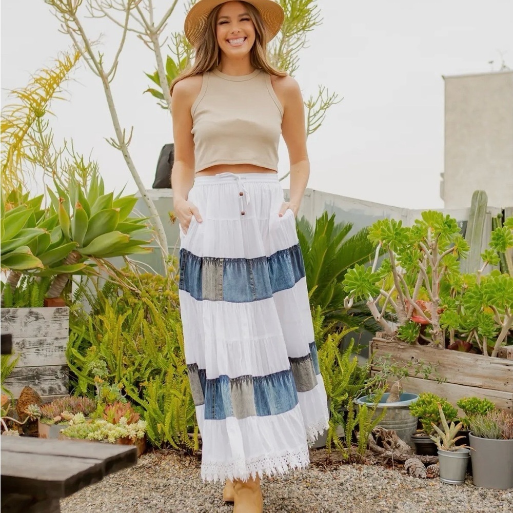 Bohemian White and Denim Tiered Maxi Skirt - Picture 2 of 7
